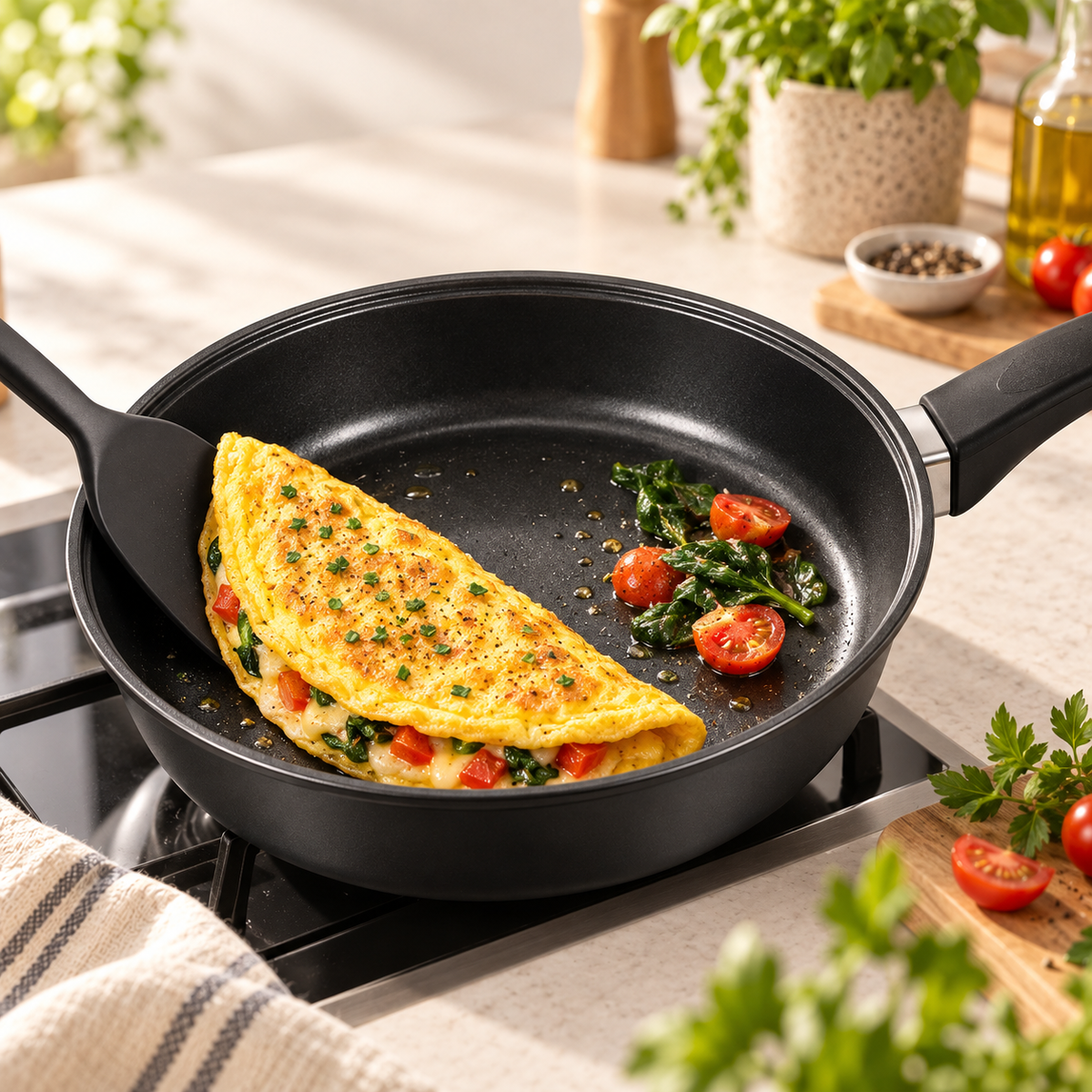 Omelette cocinándose en una sartén antiadherente negra
