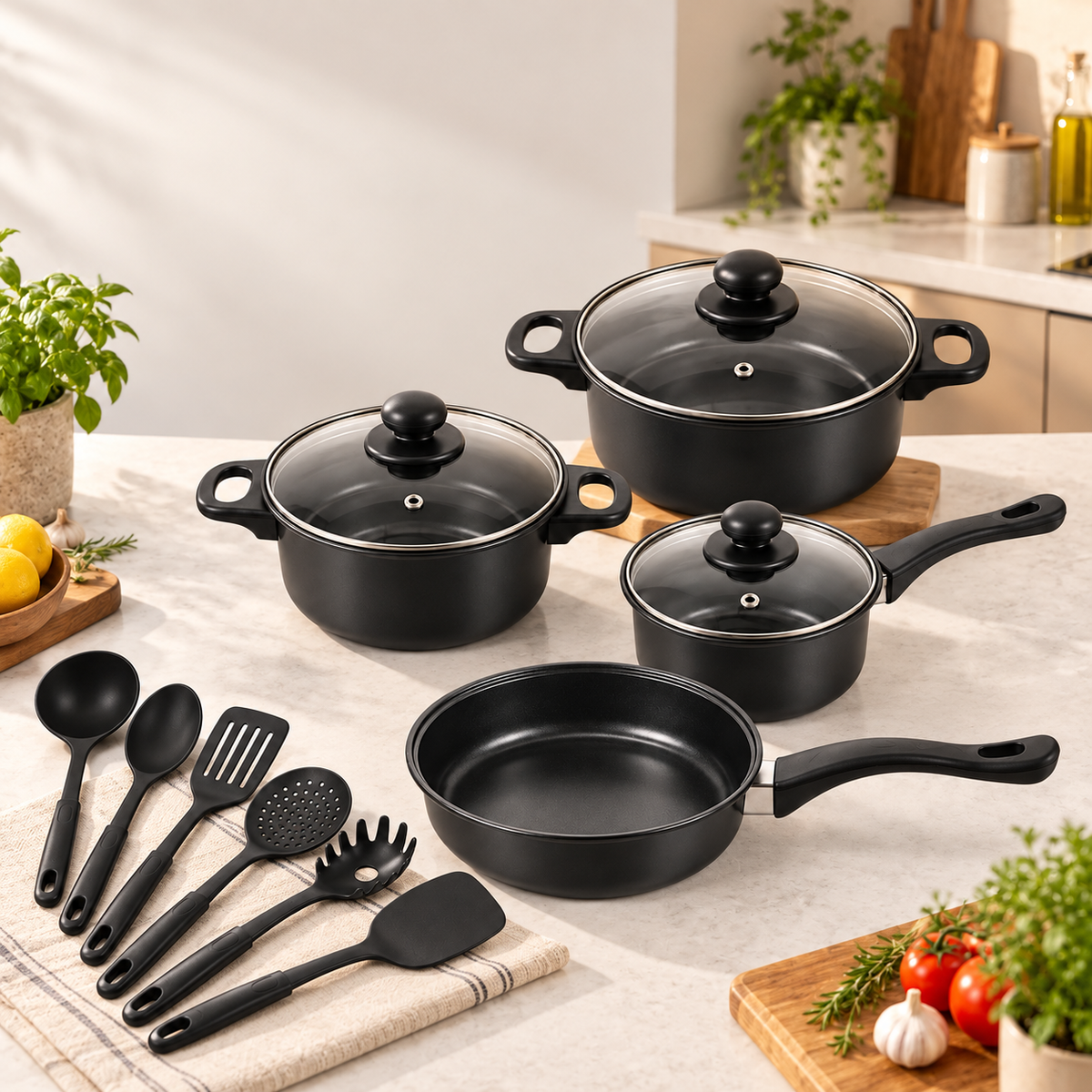 Juego de ollas negro con tapas de vidrio, sartén y seis utensilios